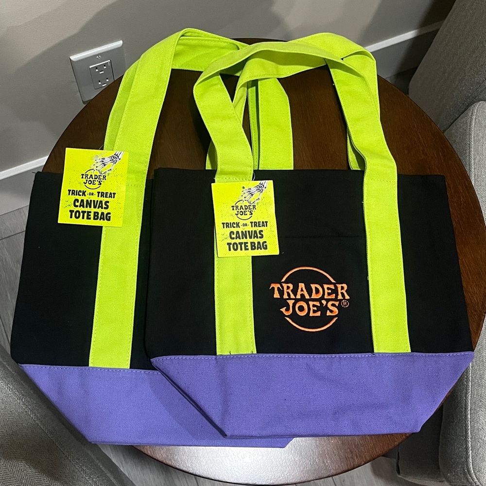 Trader Joe's Black and Purple Canvas Tote Bag
